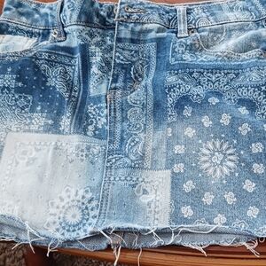 No Boundaries Blue Denim Mini Skirt with Bandana Print